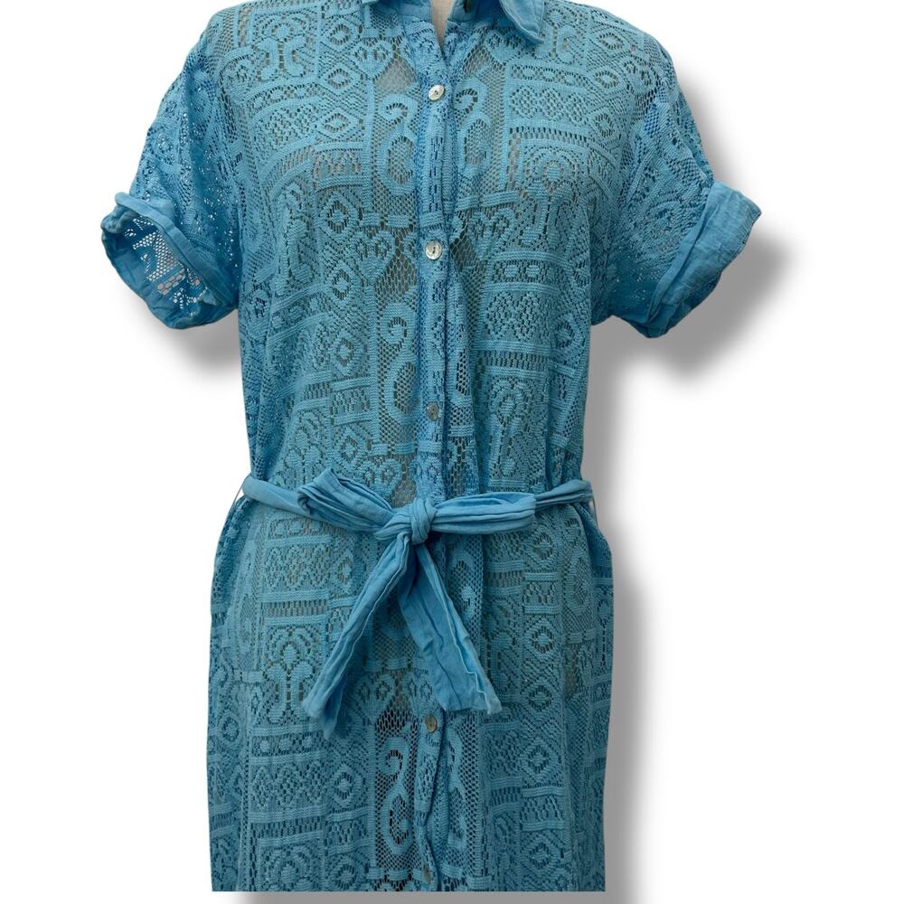 Becca Light Blue Collard Swimsuit Coverup Dress Large Cotton Guaze Lace Sheer - Picture 5 of 12